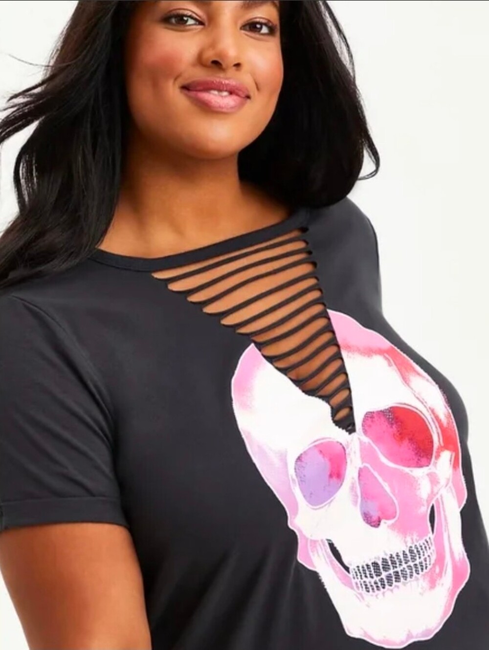 torrid Black Short Sleeve Tee with Pink Skull and Ladder Cutout Size 1